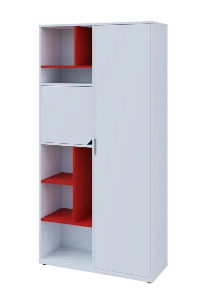 KSR6-83 P skříň šatní, 1x výsuvné ramínko, dvířka, niky, 2053x1022x400 mm, provedení pravé, korpus a dvířka bílá sněžná/police červená